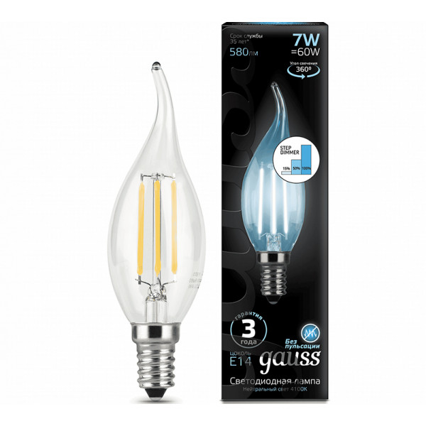 104801207 Лампа Gauss LED Filament Candle tailed E14 7W 580Lm 4100К 1/10/50, шт