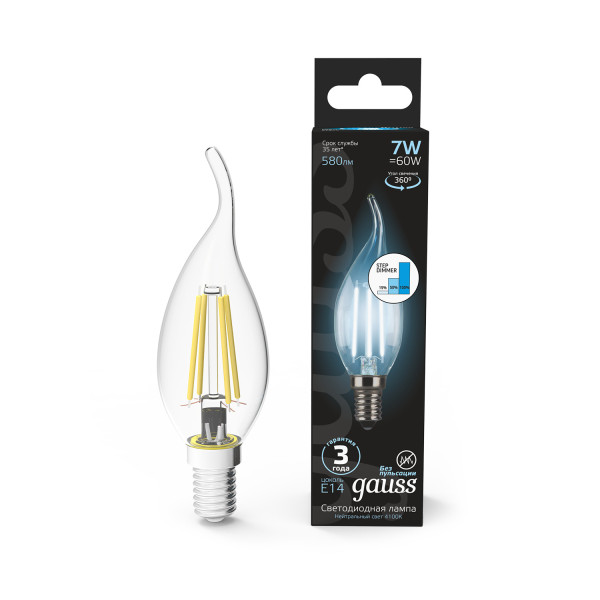 104801207-S Лампа Gauss LED Filament Свеча на ветру E14 7W 580lm 4100K step dimmable 1/10/50