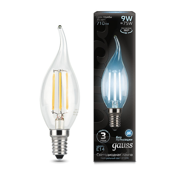 104801209 Лампа Gauss LED Filament Candle tailed, E14, 9W, 4100K 1/1/50, шт