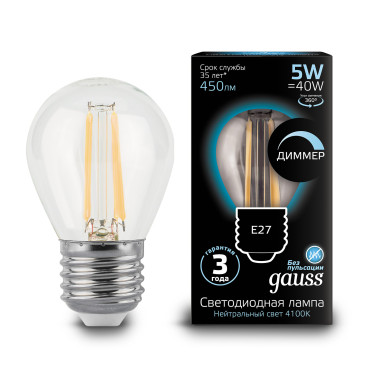 105802205-D Лампа Gauss LED Filament Шар dimmable E27 5W 450lm 4100K 1/10/50