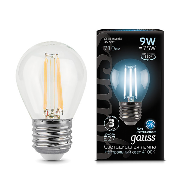 105802209 Лампа Gauss LED Filament Globe E27 9W 710Lm 4100К 1/10/50, шт