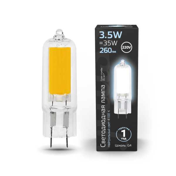 107807203 Лампа Gauss LED G4 AC220-240V 3.5W 260lm 4100K Glass 1/10/200