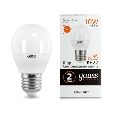 53210 Лампа Gauss LED Elementary Шар 10W E27 710lm 3000K 1/10/100