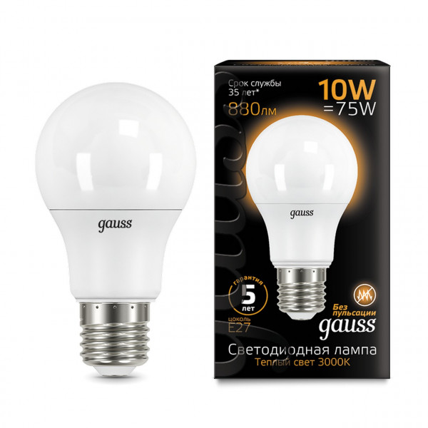 102502110 Лампа Gauss LED A60 E27 10W 3000К 1/10/50, шт