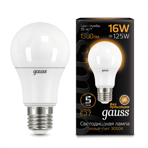 102502116 Лампа Gauss LED A60 E27 16W 3000К 1/10/50, шт